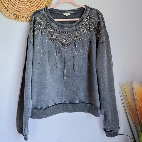 Anthropologie, New Pilcro Embellished Beaded Graphic Gray Sweatshirt SZ Large - Picture 2 of 16